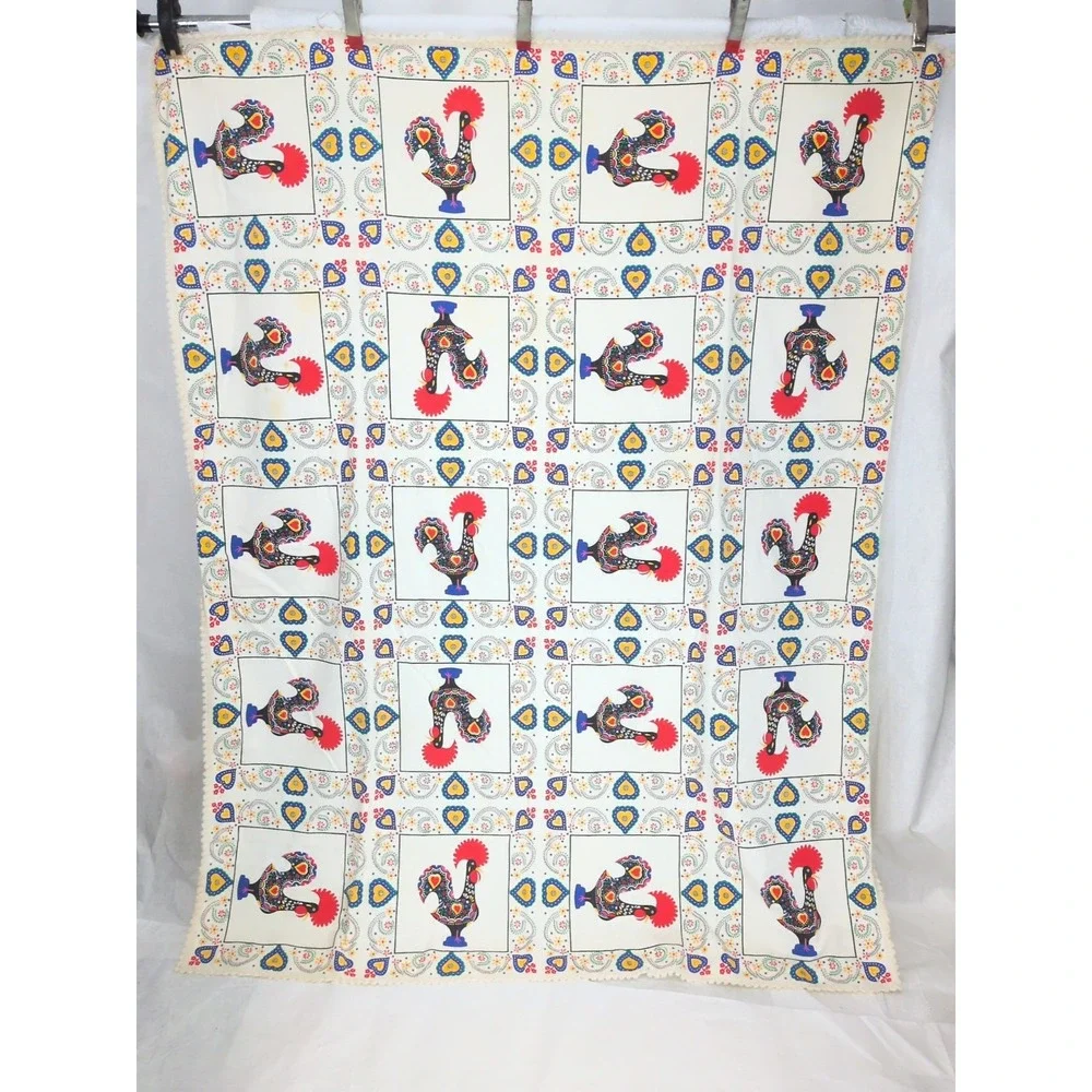 Linen Cotton Portugal Good Luck Rooster Tablecloth  55x73 Folk Art Dala Fabric